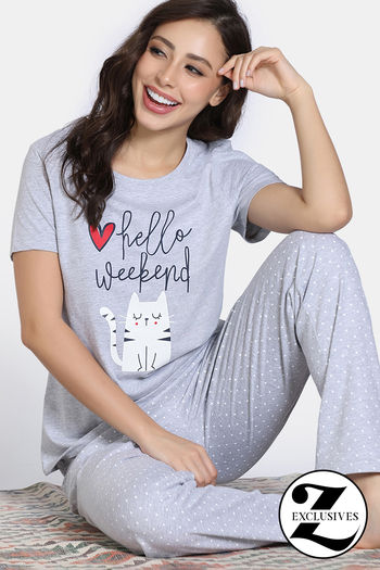 Buy Zivame Knit Cotton Pyajama Set - Grey Mel
